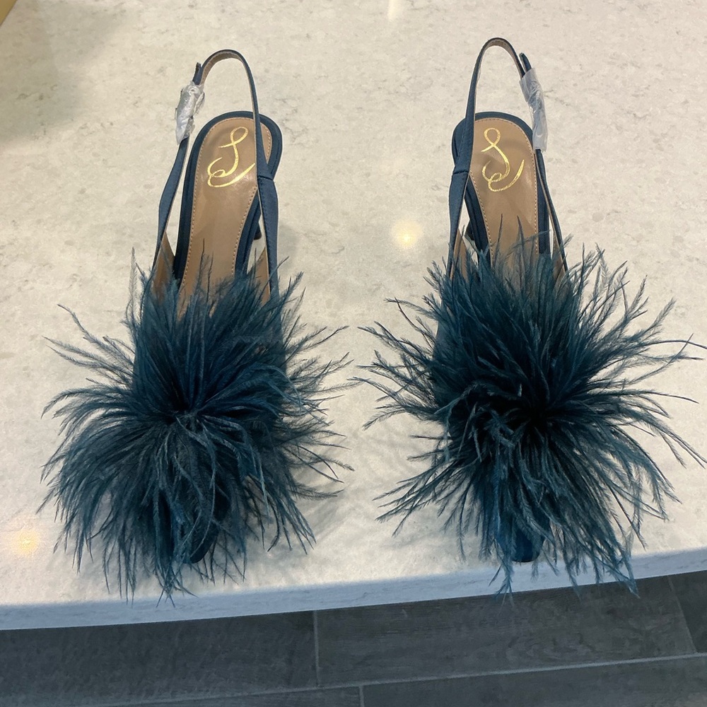 Sam Edelman Teal Feather Pom-Pom Slingback Heels